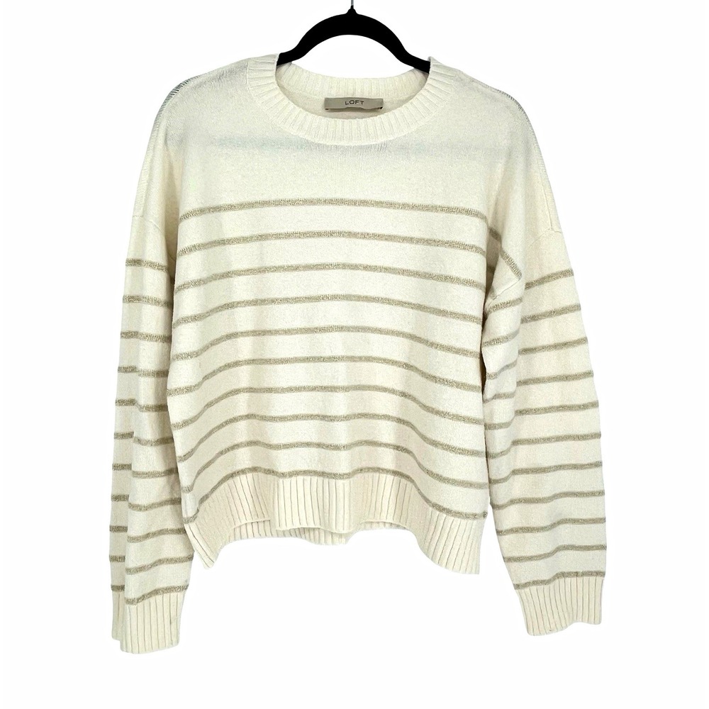 LOFT Womens L White Silver Metallic Striped Knit Pullover Sweater Crewneck
